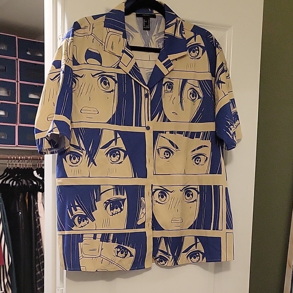 Forever 21 Blue and Tan Anime Girl Graphic Button Down Shirt